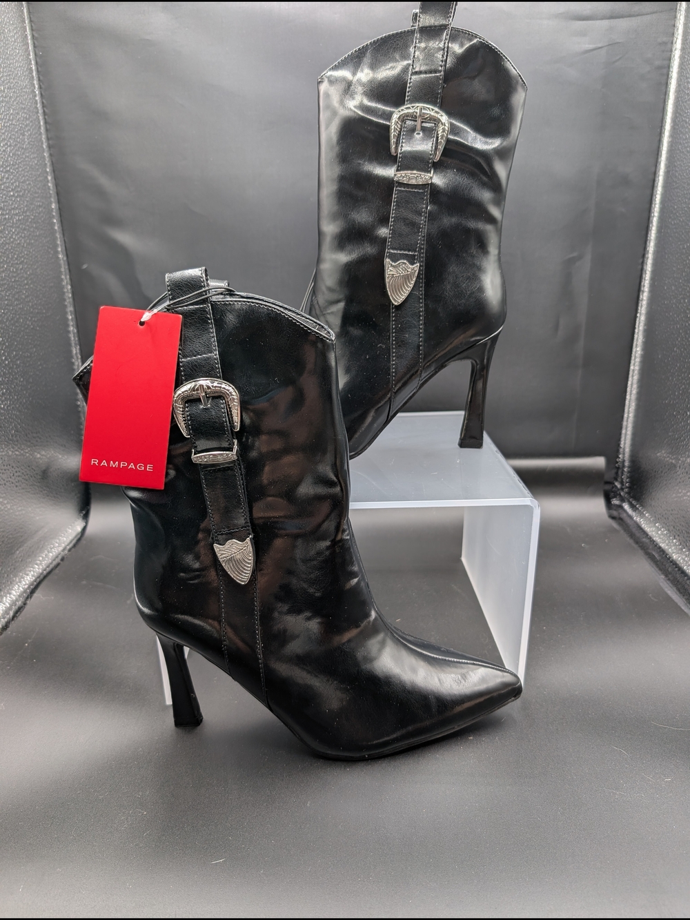 Rampage Black Pointed-Toe Western Stiletto Boots with Buckle Detail